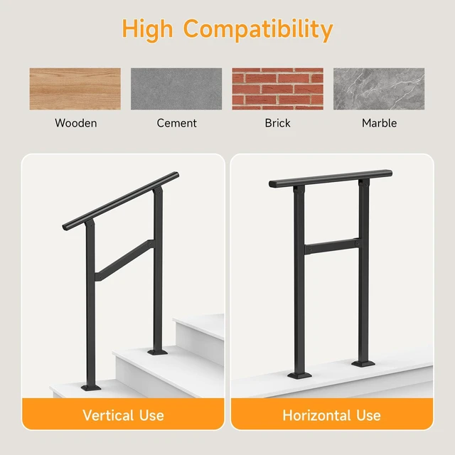 Alt view image 4 of 7 - Hand Rails for Outdoor Steps 2-5 Steps Wrought Iron Handrails Stair Railing for Porch, Home, Garden, Indoor, Staircase Handrails for Wooden, Cement, Brick, Marble (2 Steps)