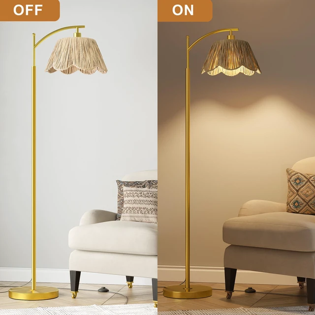 Alt view image 5 of 7 - Boho Floor Lamp with 3 Color Temperatures, Farmhouse Floor Lamps for Living Room with Remote & Dimmable Bulb, Rattan Floor Lamp for Bedroom, Gold