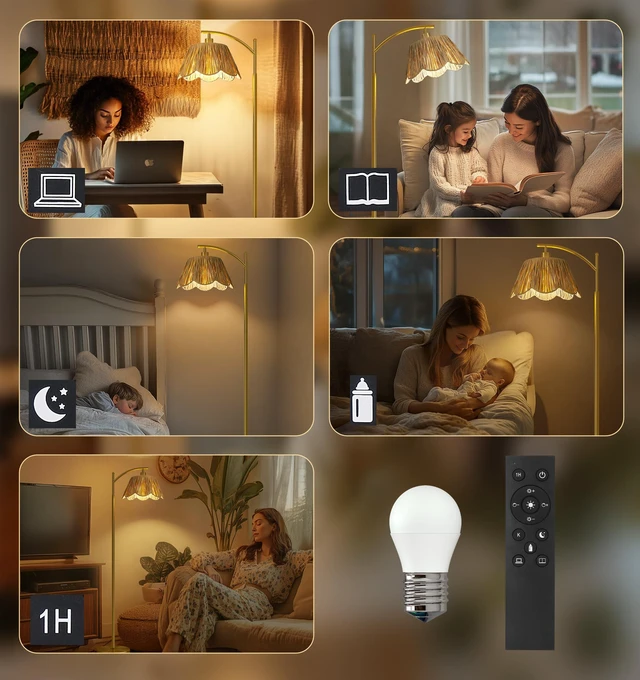 Alt view image 6 of 7 - Boho Floor Lamp with 3 Color Temperatures, Farmhouse Floor Lamps for Living Room with Remote & Dimmable Bulb, Rattan Floor Lamp for Bedroom, Gold