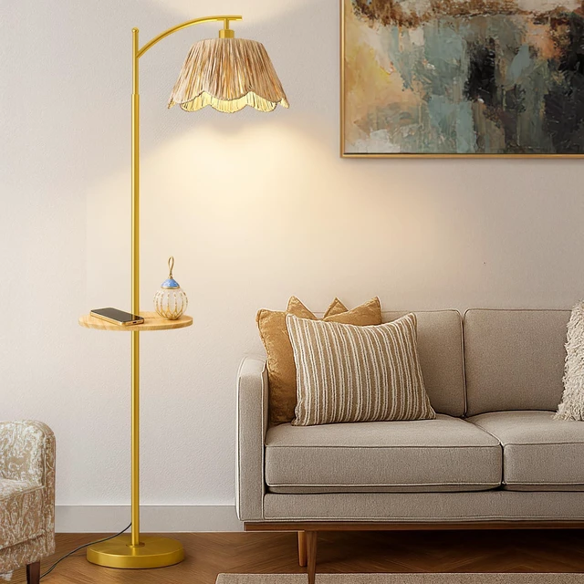 Main image of Floor Lamp with Table for Bedroom, Boho Standing Lamps with Foot Switch, Farmhouse Floor Lamp for Living Room, Arc Rattan Lamps with Gold Metal Base & Pole, Ideal for Home Décor