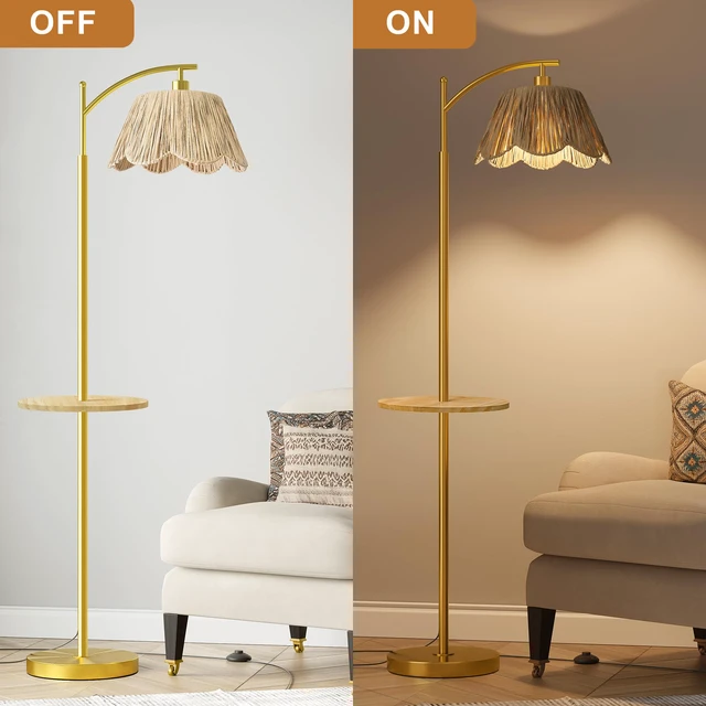 Alt view image 3 of 7 - Floor Lamp with Table for Bedroom, Boho Standing Lamps with Foot Switch, Farmhouse Floor Lamp for Living Room, Arc Rattan Lamps with Gold Metal Base & Pole, Ideal for Home Décor