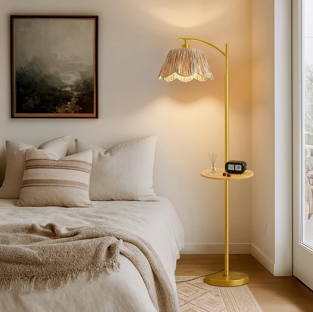 Alt view image 2 of 7 - Floor Lamp with Table for Bedroom, Boho Standing Lamps with Foot Switch, Farmhouse Floor Lamp for Living Room, Arc Rattan Lamps with Gold Metal Base & Pole, Ideal for Home Décor