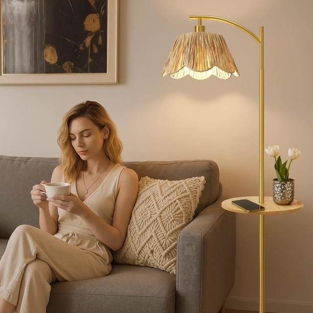 Alt view image 4 of 7 - Floor Lamp with Table for Bedroom, Boho Standing Lamps with Foot Switch, Farmhouse Floor Lamp for Living Room, Arc Rattan Lamps with Gold Metal Base & Pole, Ideal for Home Décor