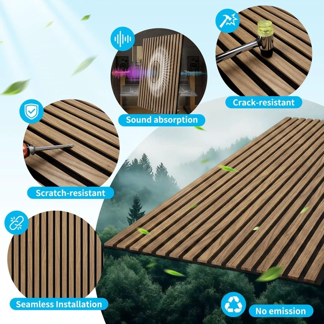 Alt view image 3 of 7 - 47 x 23.6 Inch Acoustic Wood Slat Wall Panel, 4-Pack, Deep Walnut Lightweight, Noise Reduction, Crack Resistant, Sustainable, Easy Installation, for Office, Living Room, Bedroom Wall Decor