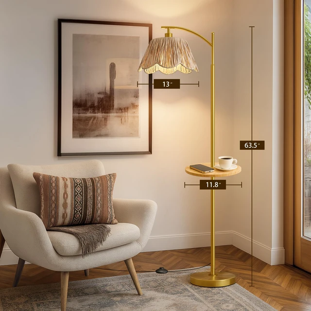 Alt view image 5 of 7 - Floor Lamp with Table for Bedroom, Boho Standing Lamps with Foot Switch, Farmhouse Floor Lamp for Living Room, Arc Rattan Lamps with Gold Metal Base & Pole, Ideal for Home Décor