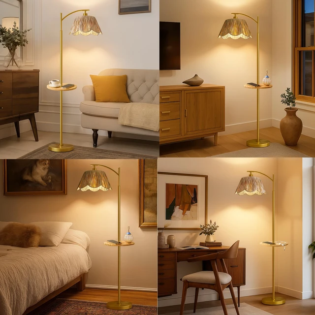 Alt view image 7 of 7 - Floor Lamp with Table for Bedroom, Boho Standing Lamps with Foot Switch, Farmhouse Floor Lamp for Living Room, Arc Rattan Lamps with Gold Metal Base & Pole, Ideal for Home Décor