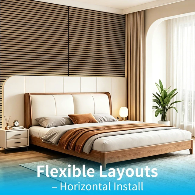 Alt view image 4 of 7 - 47 x 23.6 Inch Acoustic Wood Slat Wall Panel, 4-Pack, Deep Walnut Lightweight, Noise Reduction, Crack Resistant, Sustainable, Easy Installation, for Office, Living Room, Bedroom Wall Decor
