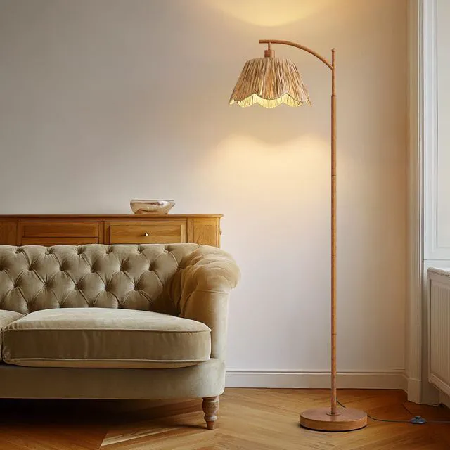 Alt view image 2 of 7 - Rattan Floor Lamp for Bedroom, Boho Floor Lamp with Foot Switch, Farmhouse Standing Lamps for Living Room with Hand-Woven Shade, Walnut Metal Base & Pole