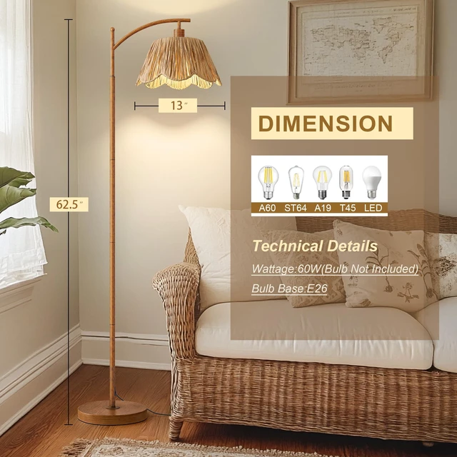 Alt view image 3 of 7 - Rattan Floor Lamp for Bedroom, Boho Floor Lamp with Foot Switch, Farmhouse Standing Lamps for Living Room with Hand-Woven Shade, Walnut Metal Base & Pole
