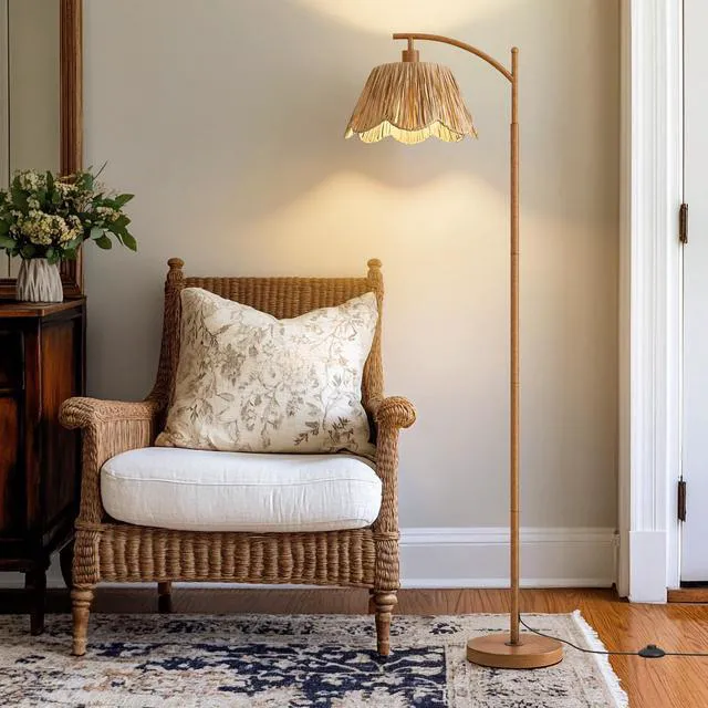 Alt view image 6 of 7 - Rattan Floor Lamp for Bedroom, Boho Floor Lamp with Foot Switch, Farmhouse Standing Lamps for Living Room with Hand-Woven Shade, Walnut Metal Base & Pole