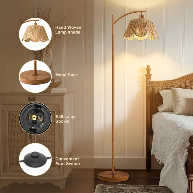 Alt view image 7 of 7 - Rattan Floor Lamp for Bedroom, Boho Floor Lamp with Foot Switch, Farmhouse Standing Lamps for Living Room with Hand-Woven Shade, Walnut Metal Base & Pole