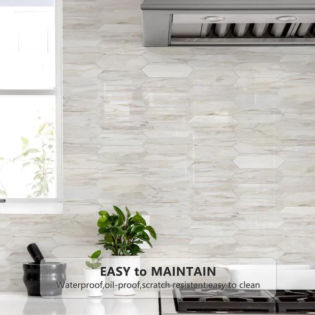 Alt view image 3 of 7 - Glossy Wood Marble Grain Backsplash Tile Peel and Stick, 12.8 x 12.8 Inch 10 Sheets Long Hexagon PVC Self Adhesive Mosaic Wall Tiles Stick on Backsplash for Kitchen and Bathroom