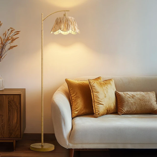 Alt view image 2 of 7 - Boho Floor Lamp for Living Room, Farmhouse Standing Lamp with Foot Switch, Corner Reading Lamps for Bedroom with Hand-Woven Shade, Light Woodgrain Metal Base & Pole