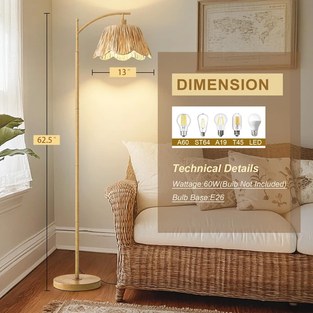 Alt view image 3 of 7 - Boho Floor Lamp for Living Room, Farmhouse Standing Lamp with Foot Switch, Corner Reading Lamps for Bedroom with Hand-Woven Shade, Light Woodgrain Metal Base & Pole