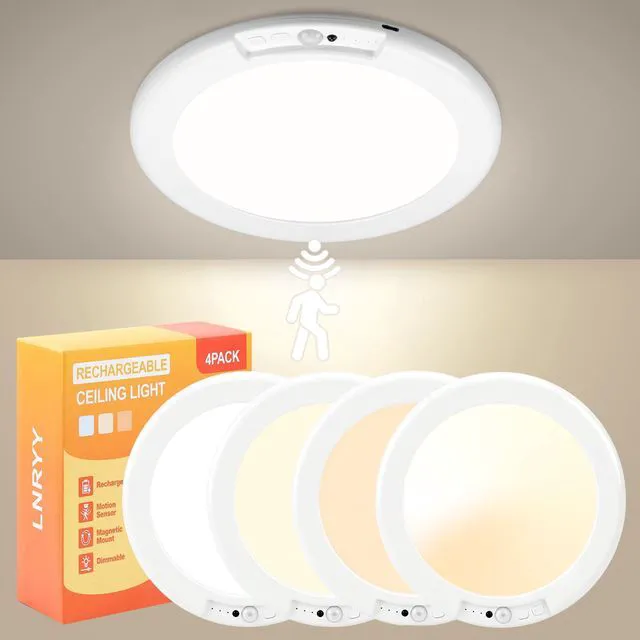 Main image of 4Pack Rechargeable Motion Sensor Magnetic Ceiling Light with Remote Wireless, Battery Operated, LED, 3 Color, Dimmable, Indoor, for Shower, Closet, Pantry, Living Room, Shed, Hallway, Porch