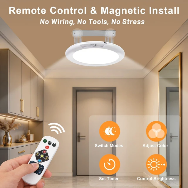 Alt view image 3 of 7 - 4Pack Rechargeable Motion Sensor Magnetic Ceiling Light with Remote Wireless, Battery Operated, LED, 3 Color, Dimmable, Indoor, for Shower, Closet, Pantry, Living Room, Shed, Hallway, Porch