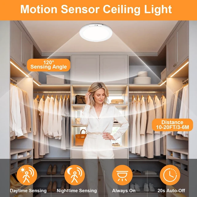 Alt view image 4 of 7 - 4Pack Rechargeable Motion Sensor Magnetic Ceiling Light with Remote Wireless, Battery Operated, LED, 3 Color, Dimmable, Indoor, for Shower, Closet, Pantry, Living Room, Shed, Hallway, Porch