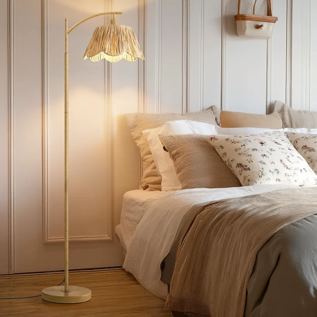 Alt view image 3 of 7 - Arc Floor Lamp for Living Room with 3 Color Temperatures, Rattan Boho Floor Lamp with Remote & Dimmable Bulb, Farmhouse Floor Lamps Suitable for Bedroom, Study(Light Woodgrain)