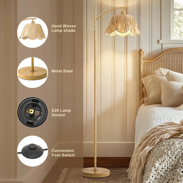Alt view image 6 of 7 - Boho Floor Lamp for Living Room, Farmhouse Standing Lamp with Foot Switch, Corner Reading Lamps for Bedroom with Hand-Woven Shade, Light Woodgrain Metal Base & Pole