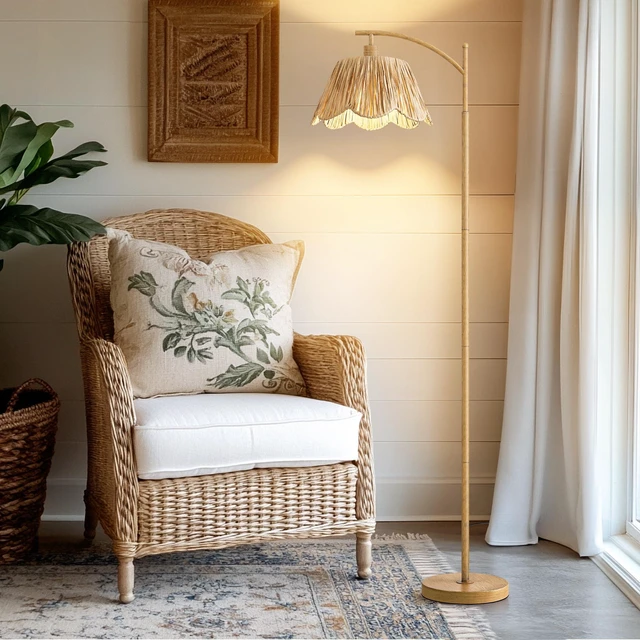 Alt view image 7 of 7 - Boho Floor Lamp for Living Room, Farmhouse Standing Lamp with Foot Switch, Corner Reading Lamps for Bedroom with Hand-Woven Shade, Light Woodgrain Metal Base & Pole