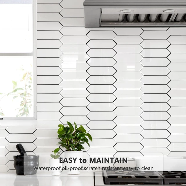 Alt view image 2 of 7 - Glossy White Backsplash Tile Peel and Stick, 12.8 x 12.8 Inch 10 Sheets Long Hexagon PVC Self Adhesive Mosaic Wall Tiles Stick on Backsplash for Kitchen and Bathroom