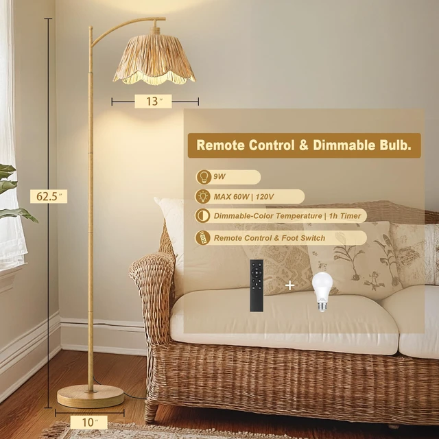 Alt view image 4 of 7 - Arc Floor Lamp for Living Room with 3 Color Temperatures, Rattan Boho Floor Lamp with Remote & Dimmable Bulb, Farmhouse Floor Lamps Suitable for Bedroom, Study(Light Woodgrain)