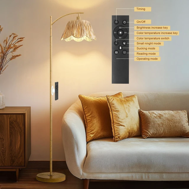 Alt view image 6 of 7 - Arc Floor Lamp for Living Room with 3 Color Temperatures, Rattan Boho Floor Lamp with Remote & Dimmable Bulb, Farmhouse Floor Lamps Suitable for Bedroom, Study(Light Woodgrain)