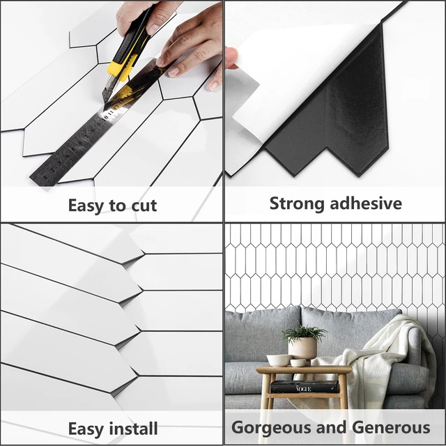 Alt view image 5 of 7 - Glossy White Backsplash Tile Peel and Stick, 12.8 x 12.8 Inch 10 Sheets Long Hexagon PVC Self Adhesive Mosaic Wall Tiles Stick on Backsplash for Kitchen and Bathroom