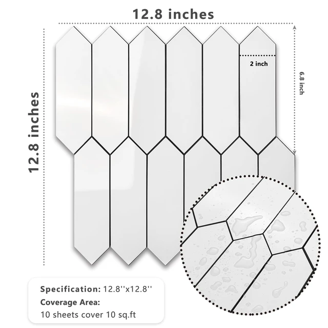Alt view image 7 of 7 - Glossy White Backsplash Tile Peel and Stick, 12.8 x 12.8 Inch 10 Sheets Long Hexagon PVC Self Adhesive Mosaic Wall Tiles Stick on Backsplash for Kitchen and Bathroom