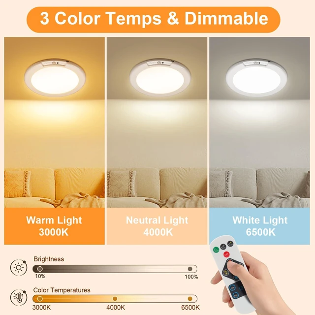 Alt view image 6 of 7 - 4Pack Rechargeable Motion Sensor Magnetic Ceiling Light with Remote Wireless, Battery Operated, LED, 3 Color, Dimmable, Indoor, for Shower, Closet, Pantry, Living Room, Shed, Hallway, Porch
