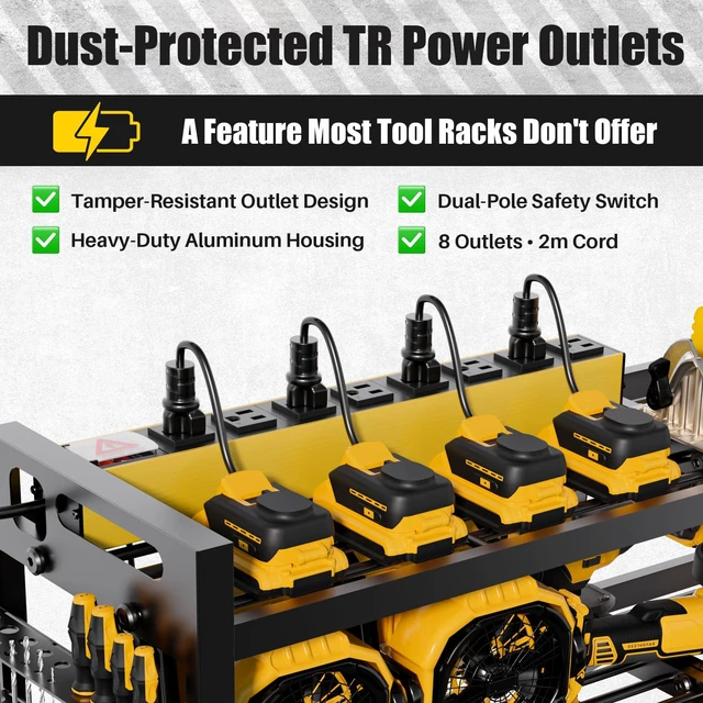 Alt view image 2 of 7 - Large 49''Wide Power Tool Organizer Wall Mount, Charging Station 8 Dust-Protected TR Outlets | 620lb Capacity 4-Tier Garage Storage Rack | 12 Cordless Drill Holders | Holds 30+ Tools