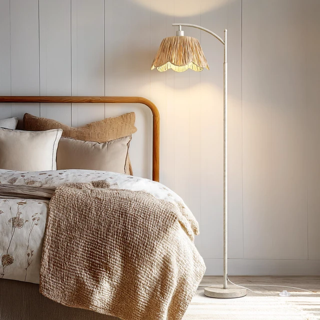Alt view image 2 of 7 - Rattan Floor Lamp for Living Room with 3 Color Temperatures, Boho Floor Lamp for Bedroom with Remote & Dimmable Bulb, Farmhouse Standing Lamp for Reading, Antique White