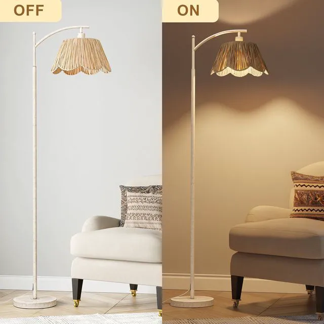 Alt view image 6 of 7 - Rattan Floor Lamp for Living Room with 3 Color Temperatures, Boho Floor Lamp for Bedroom with Remote & Dimmable Bulb, Farmhouse Standing Lamp for Reading, Antique White