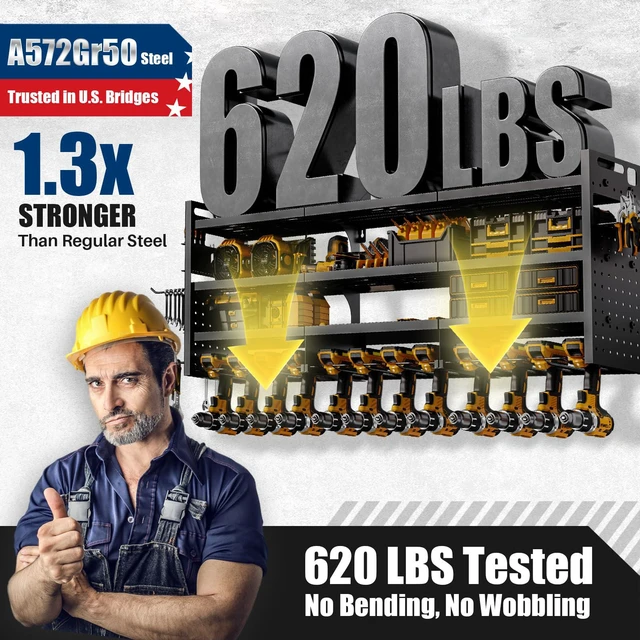 Alt view image 3 of 7 - Large 49''Wide Power Tool Organizer Wall Mount, Charging Station 8 Dust-Protected TR Outlets | 620lb Capacity 4-Tier Garage Storage Rack | 12 Cordless Drill Holders | Holds 30+ Tools