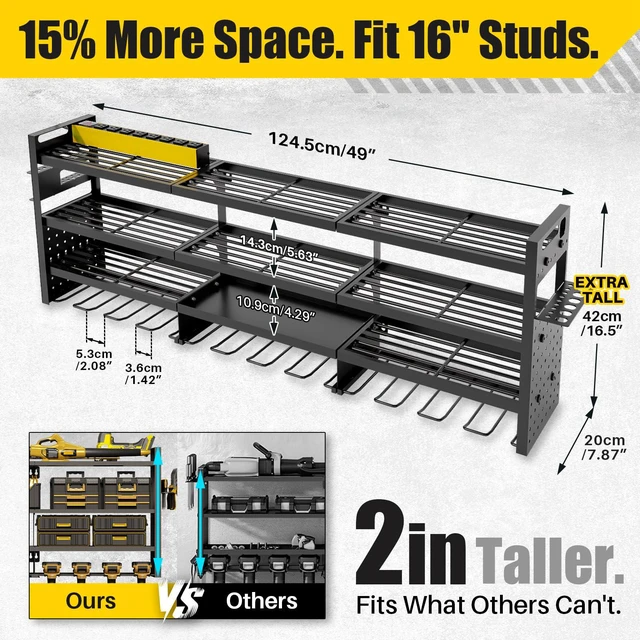 Alt view image 4 of 7 - Large 49''Wide Power Tool Organizer Wall Mount, Charging Station 8 Dust-Protected TR Outlets | 620lb Capacity 4-Tier Garage Storage Rack | 12 Cordless Drill Holders | Holds 30+ Tools