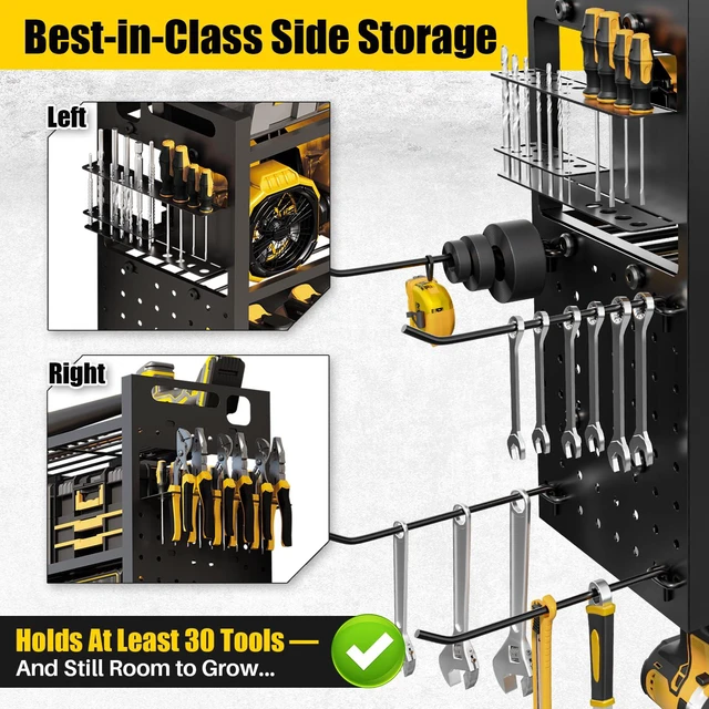 Alt view image 5 of 7 - Large 49''Wide Power Tool Organizer Wall Mount, Charging Station 8 Dust-Protected TR Outlets | 620lb Capacity 4-Tier Garage Storage Rack | 12 Cordless Drill Holders | Holds 30+ Tools