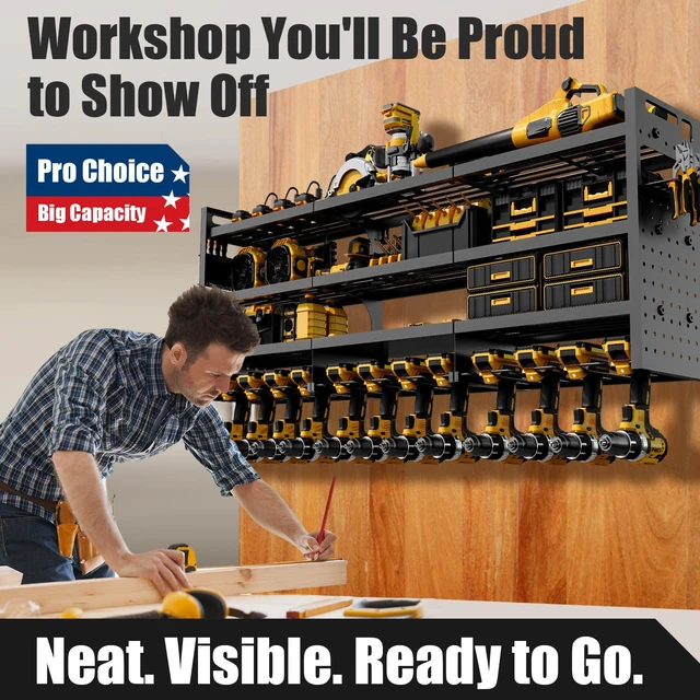 Alt view image 7 of 7 - Large 49''Wide Power Tool Organizer Wall Mount, Charging Station 8 Dust-Protected TR Outlets | 620lb Capacity 4-Tier Garage Storage Rack | 12 Cordless Drill Holders | Holds 30+ Tools