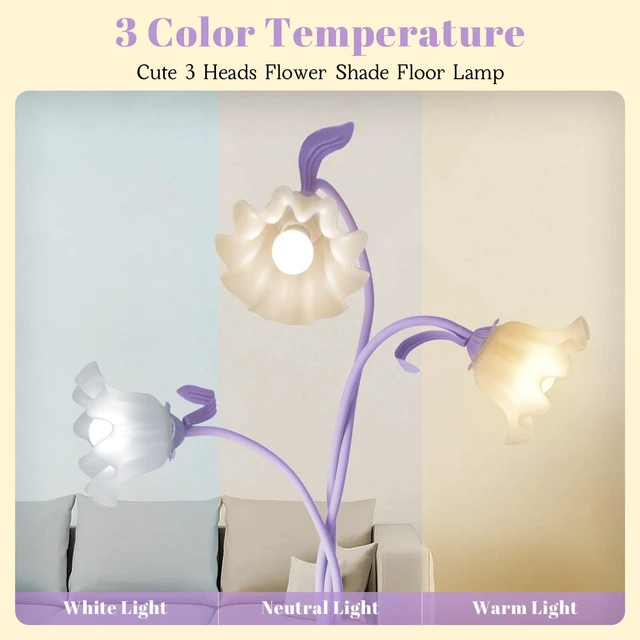 Alt view image 2 of 7 - Flower Standing Lamp for Bedroom, Cute Corner Floor Lamp with Flexible Gooseneck, 3 Light Floor Reading Lamp with 3 Color Temperatures, Bulbs Included, Tall Floor Lamp for Living Room Corner(Purple)