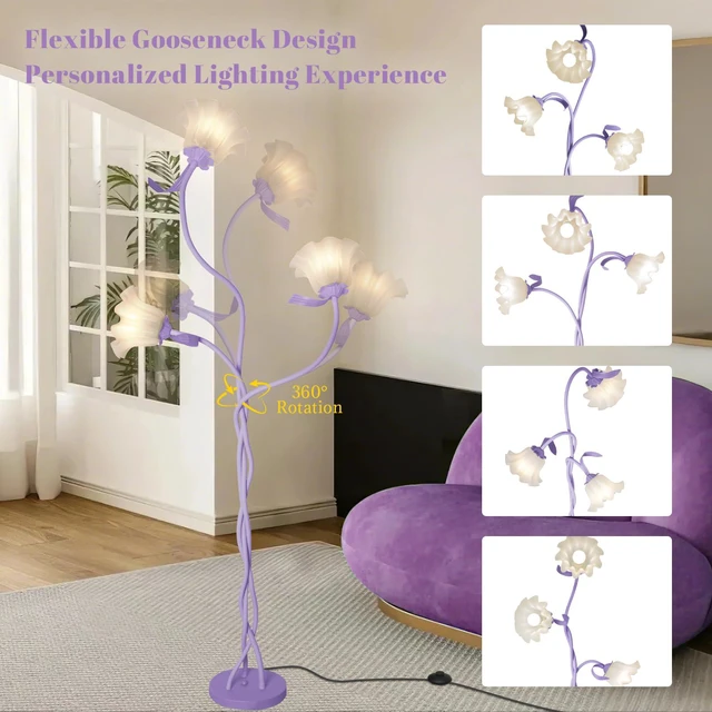 Alt view image 3 of 7 - Flower Standing Lamp for Bedroom, Cute Corner Floor Lamp with Flexible Gooseneck, 3 Light Floor Reading Lamp with 3 Color Temperatures, Bulbs Included, Tall Floor Lamp for Living Room Corner(Purple)