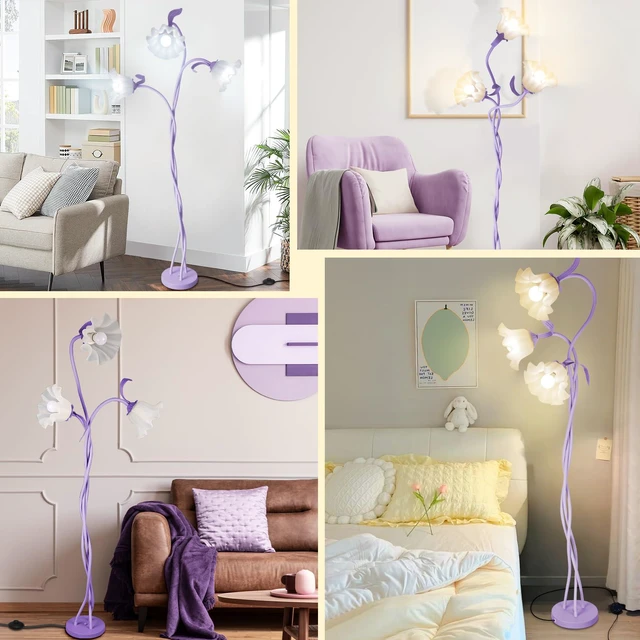 Alt view image 6 of 7 - Flower Standing Lamp for Bedroom, Cute Corner Floor Lamp with Flexible Gooseneck, 3 Light Floor Reading Lamp with 3 Color Temperatures, Bulbs Included, Tall Floor Lamp for Living Room Corner(Purple)