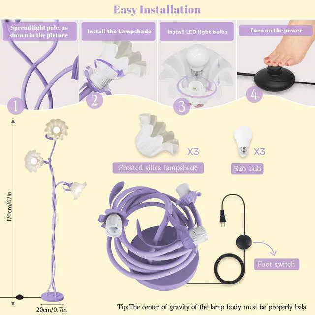 Alt view image 7 of 7 - Flower Standing Lamp for Bedroom, Cute Corner Floor Lamp with Flexible Gooseneck, 3 Light Floor Reading Lamp with 3 Color Temperatures, Bulbs Included, Tall Floor Lamp for Living Room Corner(Purple)