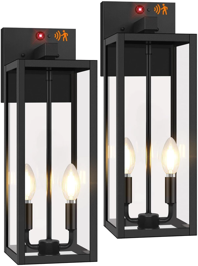 Main image of 2-Pack 18 Large Upgraded Motion Sensor Outdoor Wall Lights, Black Auto ON/OFF, 3 Lighting Modes, Waterproof, Rust-Resistant, Durable Metal with Clear Glass, Dual E12 Sockets, Easy to Install