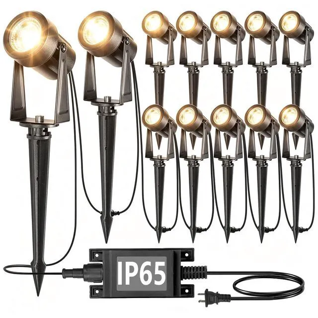 Main image of Outdoor Landscape Lighting, 12 Pack LED Spot Lights Kit, Warm White IP65 Waterproof, Extendable, Connects up to 20 lamp heads, for Garden, Yard, House, Lawn, Tree, Flags, Fence Use