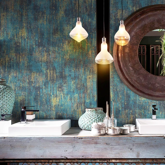 Alt view image 3 of 7 - Vintage Metallic Peel and Stick Wallpaper Industrial Metallic Concrete Wall Paper Modern Stick on Wallpaper Self Adhesive Contact Paper(17.3" x 1200" Blue Gold)
