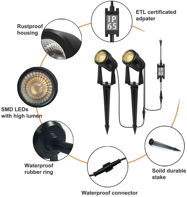 Alt view image 3 of 7 - Outdoor Landscape Lighting, 12 Pack LED Spot Lights Kit, Warm White IP65 Waterproof, Extendable, Connects up to 20 lamp heads, for Garden, Yard, House, Lawn, Tree, Flags, Fence Use