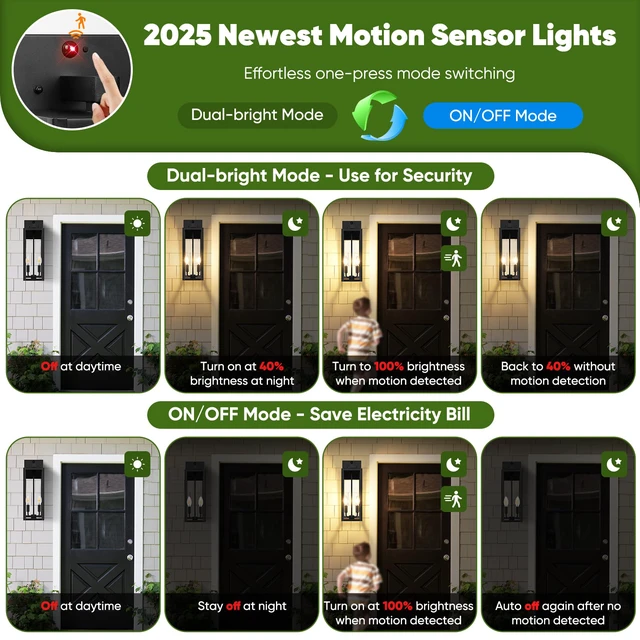 Alt view image 2 of 7 - 2-Pack 18 Large Upgraded Motion Sensor Outdoor Wall Lights, Black Auto ON/OFF, 3 Lighting Modes, Waterproof, Rust-Resistant, Durable Metal with Clear Glass, Dual E12 Sockets, Easy to Install
