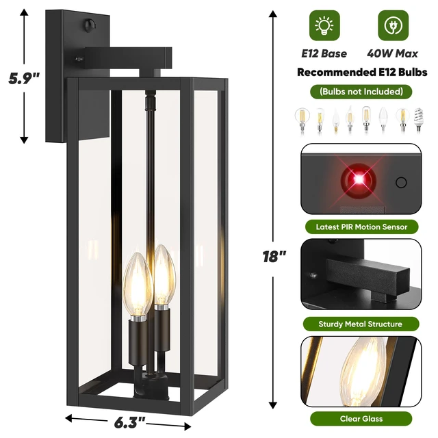 Alt view image 6 of 7 - 2-Pack 18 Large Upgraded Motion Sensor Outdoor Wall Lights, Black Auto ON/OFF, 3 Lighting Modes, Waterproof, Rust-Resistant, Durable Metal with Clear Glass, Dual E12 Sockets, Easy to Install