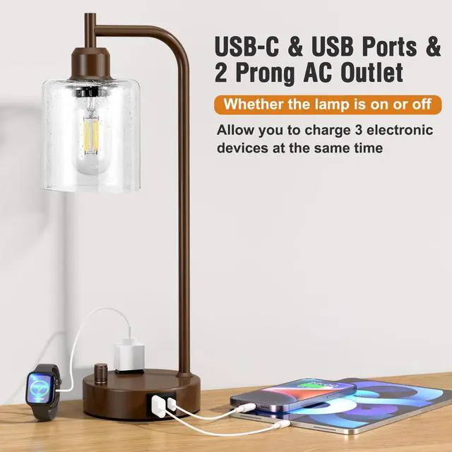 Alt view image 3 of 7 - Industrial Table Lamps for Bedrooms Set of 2 - Fully Dimmable Bedside Lamps with USB Ports and Outlet, Brown Nightstand Lamps with Glass Shade for Living Room, Desk Lamps for Office Reading