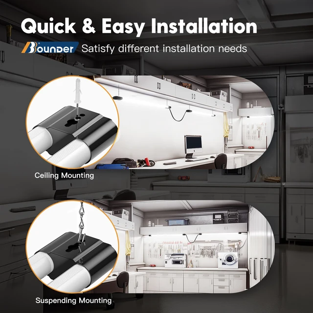 Alt view image 6 of 7 - 10 Pack 4FT LED Shop Light, 6500K, 40W=250W, 4400LM, 4 Linkable 48Inch Integrated Utility Fixture, Surface&Hanging Mount, Super Bright Shop Lights for Workshop Garage Basement, Black
