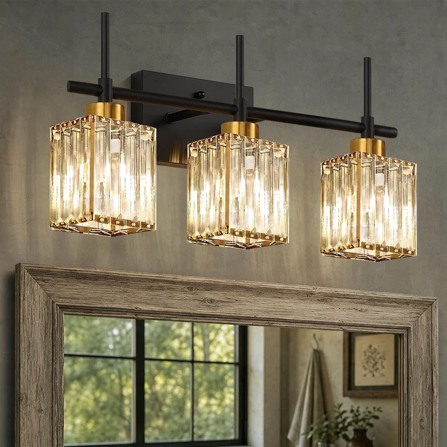Main image of Modern Crystal 3-Light Vanity Lights for Bathroom Gold Bathroom Lights Over Mirror Black and Gold Vanity Lighting Fixtures Square Shade Brass Wall Sconce (Bulbs Not Include)